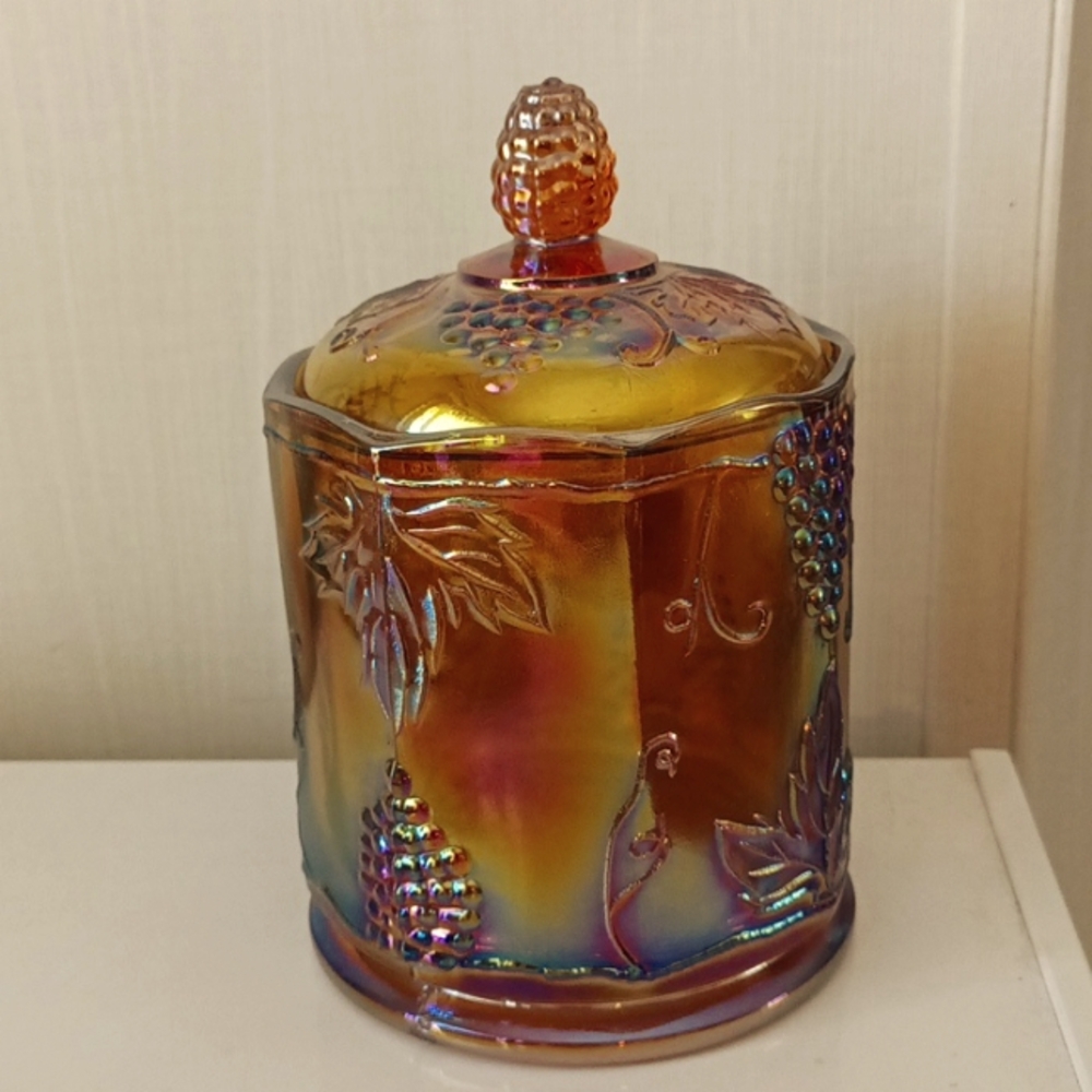Vintage Indiana Glass Harvest Grape Amber Carnival Glass Jar W/ Lid